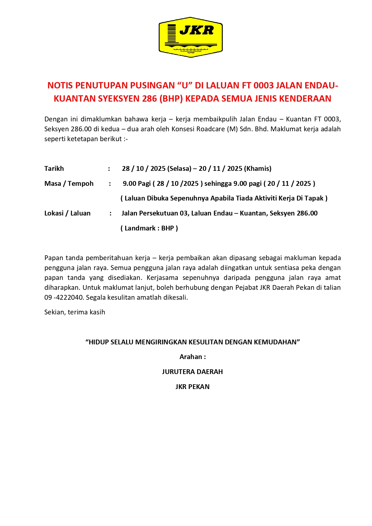 FT 0003 JALAN ENDAU- KUANTAN SYEKSYEN 286